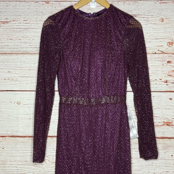 NWT Mac Duggal Evening 5056D Long Sleeve Beaded High Slit Gown in Aubergine Sz 6 - Picture 9 of 16